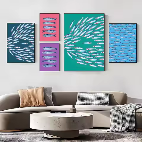 Colorful Sardine Lobster Fish Ocean Animal Sticky Poster Prints Perfect Design Nordic Modern living 