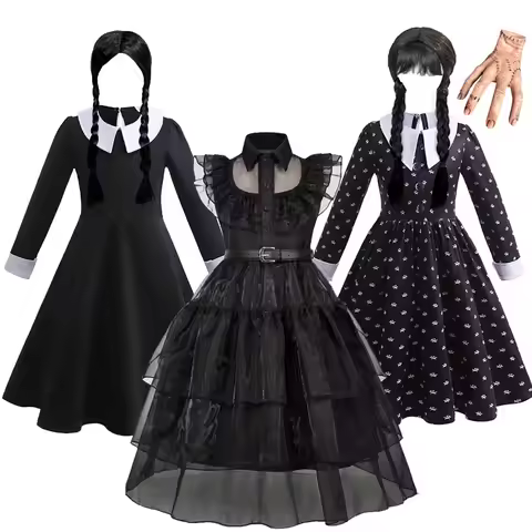 Black Dress Girls TV Series Role Playing Halloween Costume Toddler Adams Weirdo Family Cosplay Appar