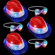 6 Pcs 4th of July Light up Sequin Fedora Hats Combo Bow Tie White Red Blue Flashing Fedora Hat Patri