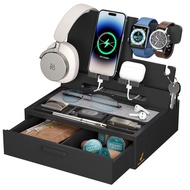 Pezin & Hulin Bamboo Desk Organizer & Docking Station with Drawer—Phone/Tablet Stand, Glasses & Watc