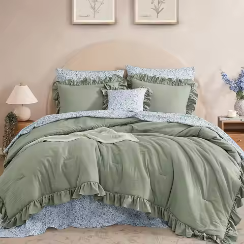 Queen Comforter Set 7 Pieces Ruffle Sage Green Bedding Sets, Shabby Chic Farmhouse Bed in a Bag Quee