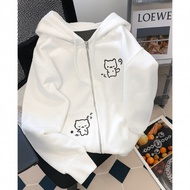 Unisex Loose Zipper Hoodie with 2 Cats - Cute Autumn Winter Gray Fleece Hoodie (WITH INNER POCKET) C