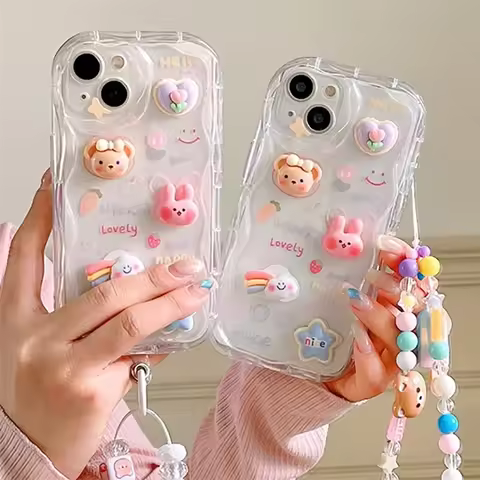 3D Rabbit Bear Rainbow Chain Case For Samsung Galaxy S25 S24 S23 Ultra S22 S21 Plus S21 Ultra S20 S2