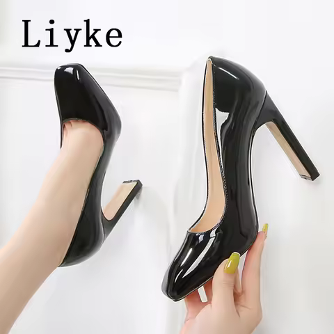 Liyke Big Size 44 45 46 Patent Leather High Heels For Ladies Wedding Prom Shoes Fashion Shallow Squa