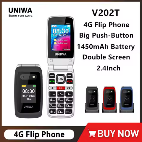 UNIWA V202T 4G Feature Phone Dual Screen Big Push-Button Flip Mobile Phone for Elderly 1450mAh Batte