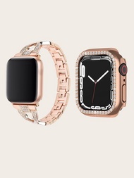 時尚十字設計金屬錶帶和水鑽裝飾錶殼相容於 Apple Watch 1-9（一代），2入組/套