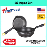 (Ready Stock) Amercook Korea Gold 20/24/28cm Induction Non-Stick Wokpan with Pour Spout Cookware Kua