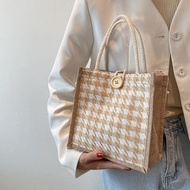 千鳥格仔布料袋麻布帆布袋簡約簡單超輕盈印花紋格仔秋冬天紙袋型環保袋去街購物袋女裝袋啡色白色多款式潮流圖案印刷花紋刺繡工藝淑女氣質手提袋 girl woman lady fancy print prin