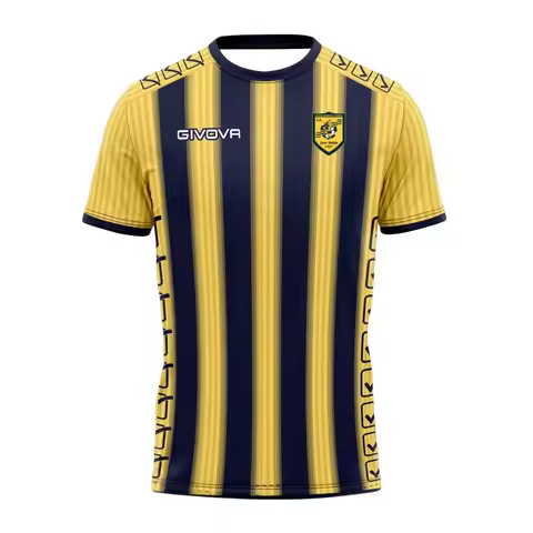 Jersey football T-shirt Breathable sports T-shirt with navy blue and yellow stripes, geometric print