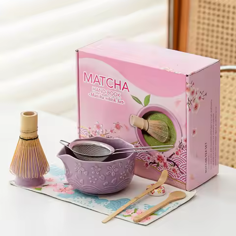 5‑7PCS Purple Embossed Matcha Set Matcha Bowl Set With Spout Tea Whisk Stirrer Japanese Style Matcha