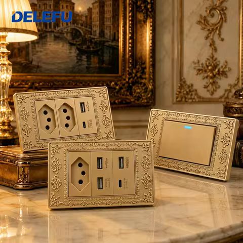 DELEFU Vintage Gold Wall Switch Socket Brazilian Type N 10A 20A Outlet USB A Type C 20W LED Decorati