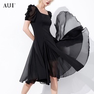 ชุดเดรสยาวปานกลางแขนพองคอเหลี่ยมสีดำ AUI ดีไซน์เก๋ไก๋สำหรับผู้หญิง ฤดูร้อน 2025 ชุดเดรสยาวปานกลางทรง