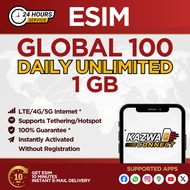 eSIM Global 100 Daily Unlimited 1GB Data | eSIM Activated Instantly