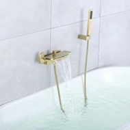  下標浴缸龍頭 浴缸水龍頭 純銅金色浴缸龍頭冷熱水簡易掛牆式混水閥明裝淋浴花灑瀑布水龍頭