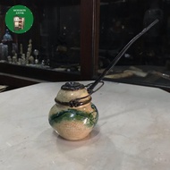 Opium Pot Keramik Putih China dengan Ornamen Kuningan dan Lukisan Bunga Biru Lawas Tua (Kecil)