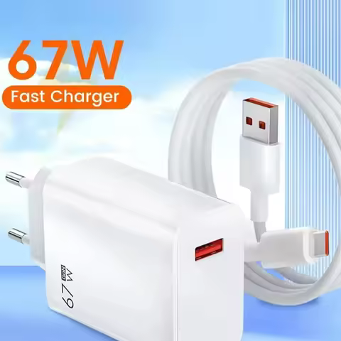 67W GaN Fast Charging Wall Charger Adapter 6A USB‑C Fast Charging Cable, QC3.0 Quick Charge EU Plug 