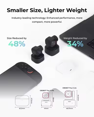OBSBOT Tiny 3 Lite AI-Powered Spatial Audio 4K Webcam AI Tracking PTZ Camera with 1/2" Sensor Tri-Mi