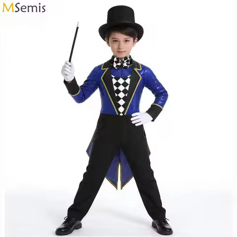 Boys Girls Halloween Circus Ringmaster Magician Cosplay Costume Lion Tamer Sequin Checkerboard Zippe