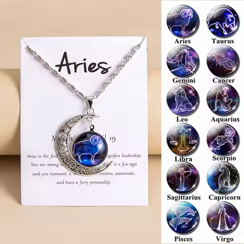 12 Zodiac Sign Moon Pendant Necklaces For Girls Women Constellation Glass Jewelry Gifts