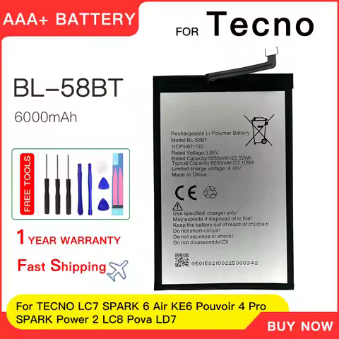 Genuine 3.85V 6000mAh BL-58BT Battery For TECNO LC7 SPARK 6 Air KE6 Pouvoir 4 Pro SPARK Power 2 LC8