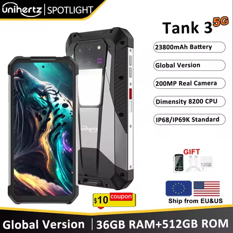 Unihertz 8849 Tank 3 by Smartphone 5G 32GB+512GB 200MP 120Hz 23800mAh 120W Charger Cell Phone Dimens