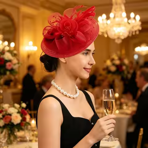 Women Elegant Polka Dot Hat Fascinator with Net Veil Flower Feather for Party Evening Wedding Church