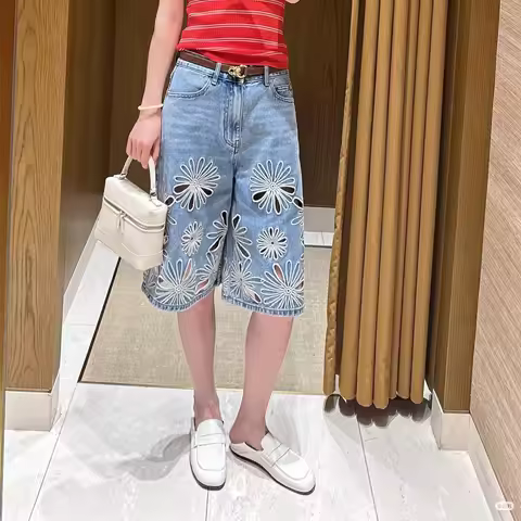 Women's High Waist Denim Knee-length Pants Embroidered Hollow Out Flower Lady Straight Jeans Spring 