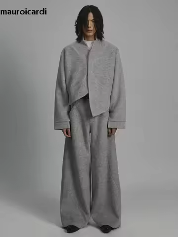 Mauroicardi Spring Autumn Cool Short Soft Grey Asymmetrical Jacket Men Elegant Chic Stylish Luxury D