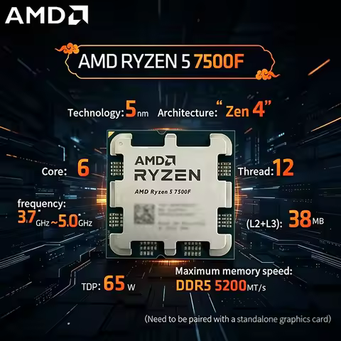 AMD Ryzen 5 7500F 3.7GHz 6-Core 12-Thread L3=32M Processor 65W R5 7500F Socket AM5 5NM DDR5 New Gami
