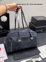 Chanel香奈兒 丹寧深藍牛仔鏈條保齡球包