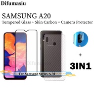 For 3in1 Samsung Galaxy A54 A14 A05S A04S A24 A34 A13 A33 A53 A73 A22 A32 A42 A52S 5G A02S A03S/ A30S A50S A20S A60 A70S A80 A90 A11 A12 A21S / Samsung A01 Core A41 A31 A51 A71 Full Screen Tempered Glass Film +Camera lens film+Carbon Fiber Back Film
