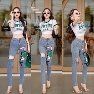 High-Waisted Long Jeans Screen Printing With Ripped Letters 5529