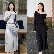Dress Panjang Simple Hitam Polos Casual Wanita Gaun Korean Style Lengan Panjang Dress Sabrina M678