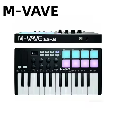 M-VAVE SMK-25 Black 25-Key USB MIDI Keyboard Controller with 8 RGB Drum Pads & 8 Knobs for Music Pro