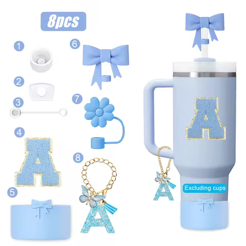 8PCS Cup Accessories Set for Stanley Cup 30oz 40oz, A-Z Initials Decorations, Including Silicone Str