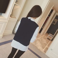 韓版條紋假兩件襯衫 女裝寬鬆顯瘦休閒長袖上衣 大碼女裝- 藏青色 S