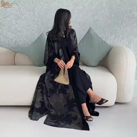 Uni New Dubai Chiffon Print Open Abaya Muslim Woman Costume Hijab included Casual Loose Kaftan