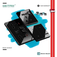 Black tempered glass 13A  socket  Wall panel/lampu switch type c USB /pug socket door bell 20A 15A