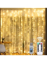 300led窗簾燈,8模式聚會窗口童話燈帶遙控,usb插頭串燈適用於臥室婚禮派對室內室外牆壁裝飾