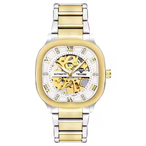 TEVISE Retro Square Automatic Watch for Men Transparent Case Visible Mechanical Movement Stainless S