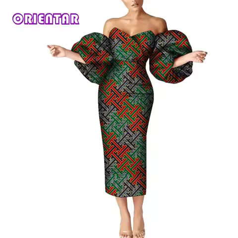 African Dresses for Women African Wax Print Off Shoulder Puff Sleeve Maxi Dress Fashion Ankara Midi 