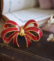 古董紅金雙色蝴蝶結緞帶別針胸針 A52