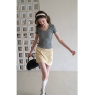 EGGKA Womens Short Sleeve T-Shirt U-Neck Hollow Design Slimming High Waist Casual Top Spring Summer