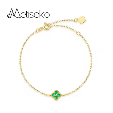Metiseko S925 Sterling Silver Emerald Colour 4-leaf Clover Bracelet Women's Simple Geometric Bracele