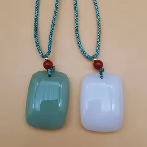 Beautiful White Green Square Jade Pendant Simple Elegant Amulet Stone Necklace for Women Man's Trend