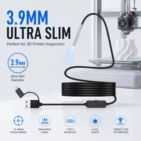 Endoscope Camera for 3D Printer Nozzle Inspection, 3.9mm Type-C Borescope, 13–18mm Focus, Precision 