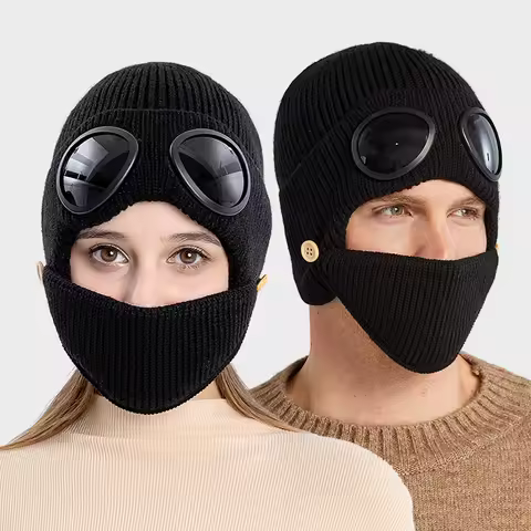 Unisex Knitted Goggles Beanie 3 in 1 Winter Warm Outdoor Sports Fashion Aviator Hat with Face Mask a