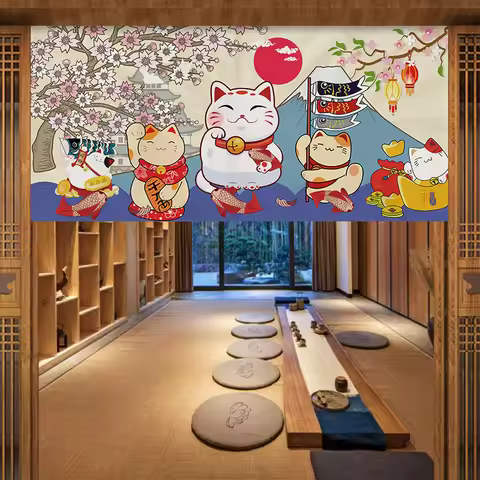 VIKAMA Japanese Fuji Cherry Blossom Lucky Cat Long Curtain Tea Shop Velcro Punch Free Fabric Divider