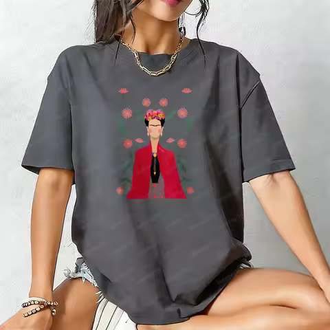 Bohemian Style Frida Kahlo Floral Portrait Artistic Shirt Floral Elements Unisex Cotton T-Shirt Fash