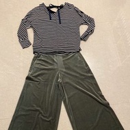 (二手近全新）日本專櫃品牌 組曲 黑色蕾絲條紋長袖上衣+墨綠色輕絨布長寬褲